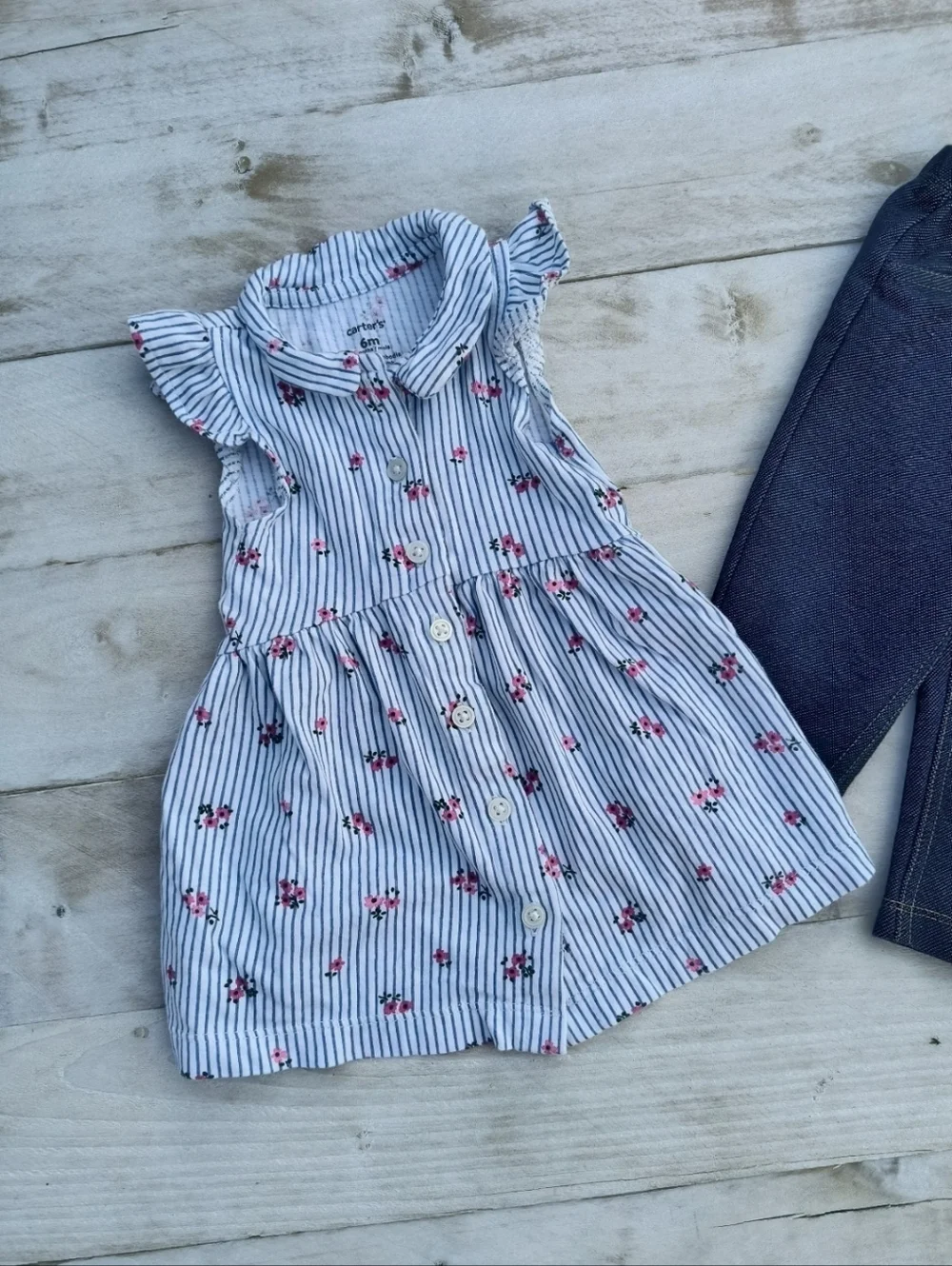 Carter's Baby Girl Floral Stripe Ruffle Button Top With Blue Pants Size 6 Months